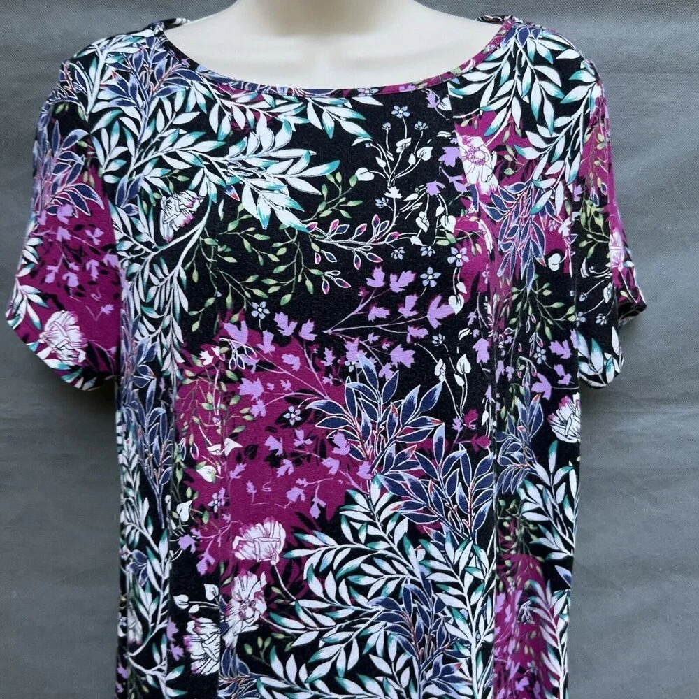 J. Jill Wearever Size S Black Purple Stretchy Floral Comfortable Dress Short